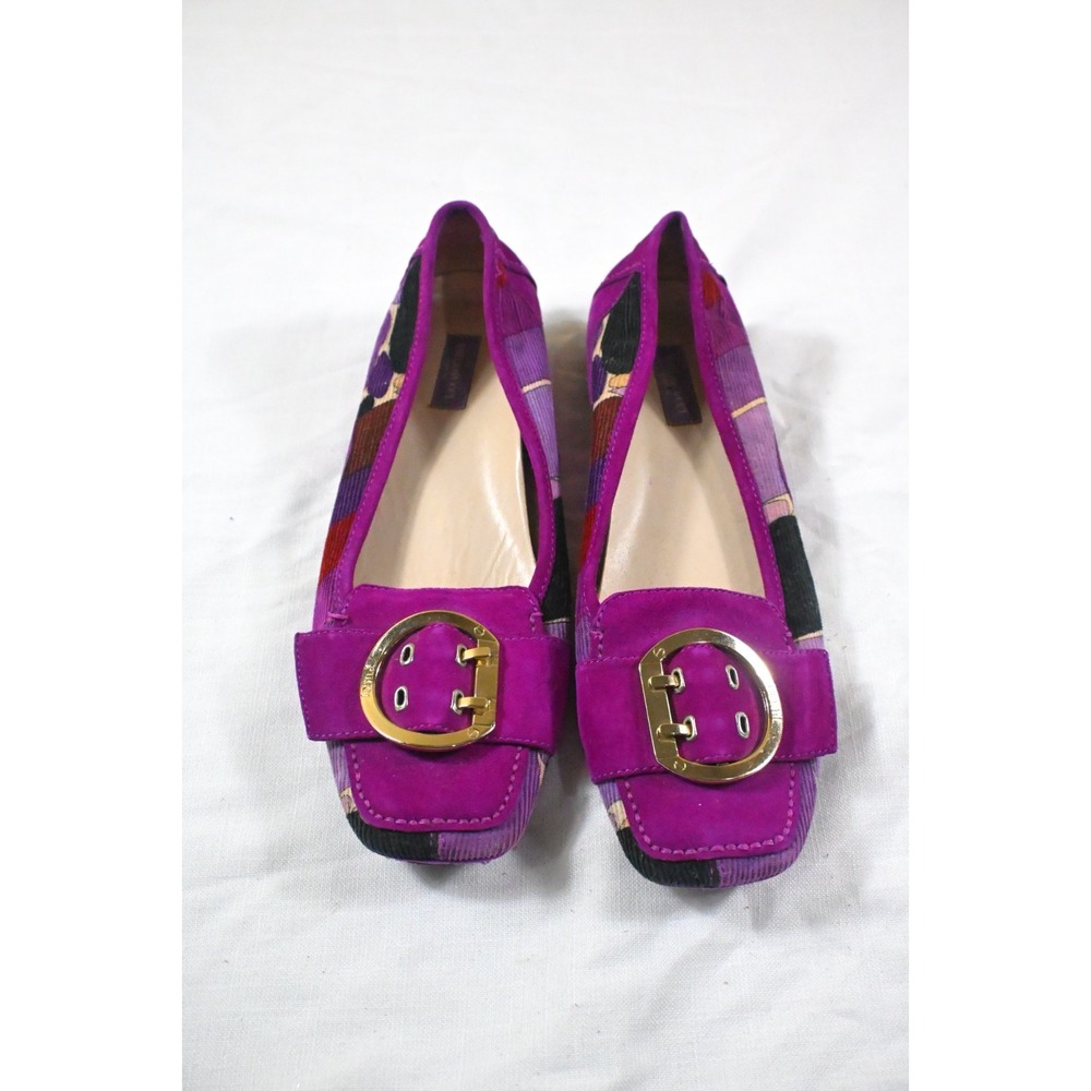Emilio Pucci Purple Magenta Suede Geometric Print Driving Loafers Buckle Flats S